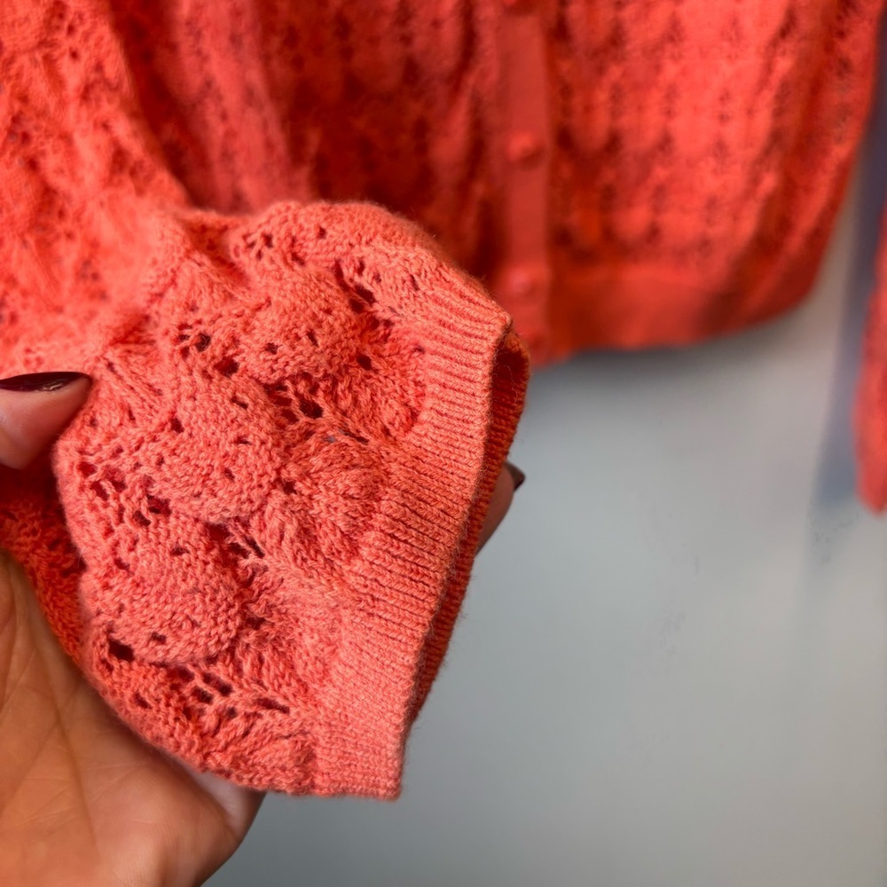Sparrow Medium Coral Orange Cardigan Open knit crochet button front - Picture 8 of 12
